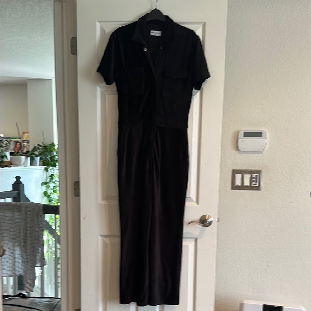 Rivet Utility Worker Elegant Black knit corduroy Jumpsuit with Short Sleeves